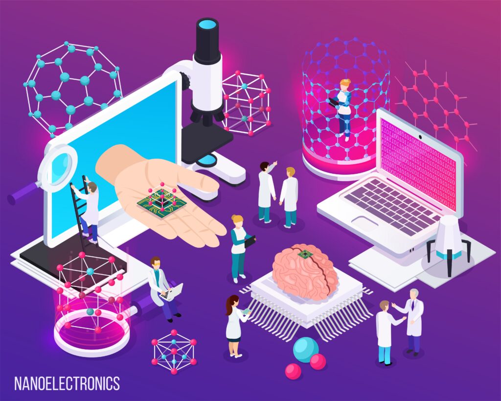 Gemini said
Isometric illustration for nanoelectronics concept, showing scientists with advanced microchips, molecular models, and future computing technology.