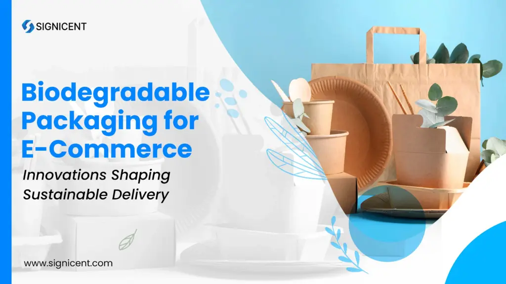 Biodegradable packaging for e-commerce featuring sustainable bags, boxes, cups, and food containers