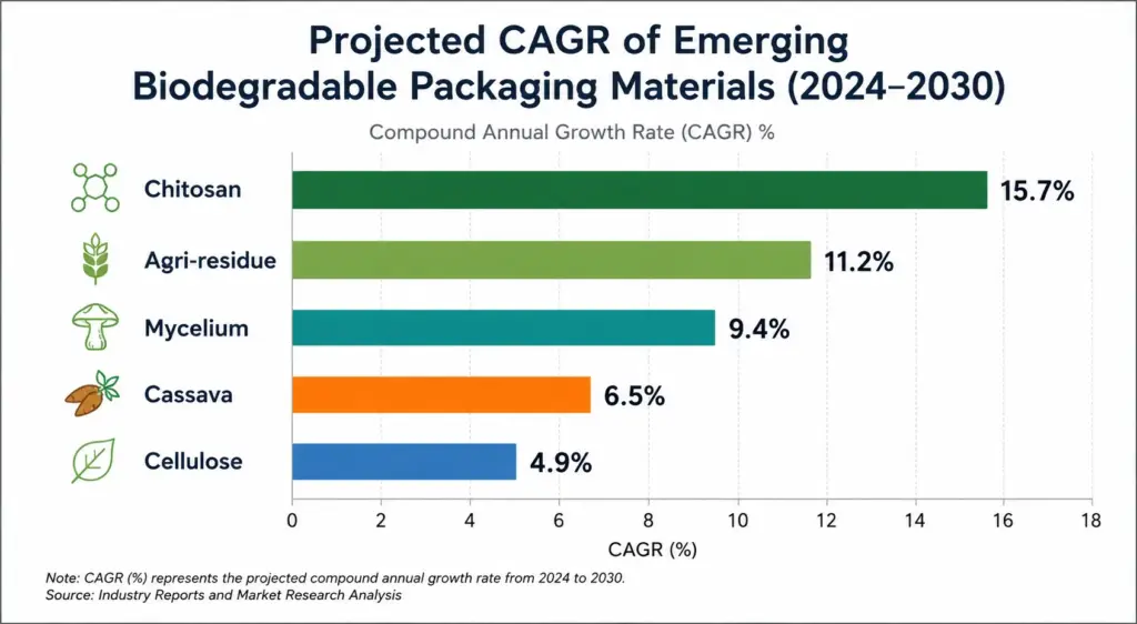 Projected CAGR of emerging biodegradable packaging materials from 2024 to 2030, comparing chitosan, agricultural residues, mycelium, cassava, and cellulose.