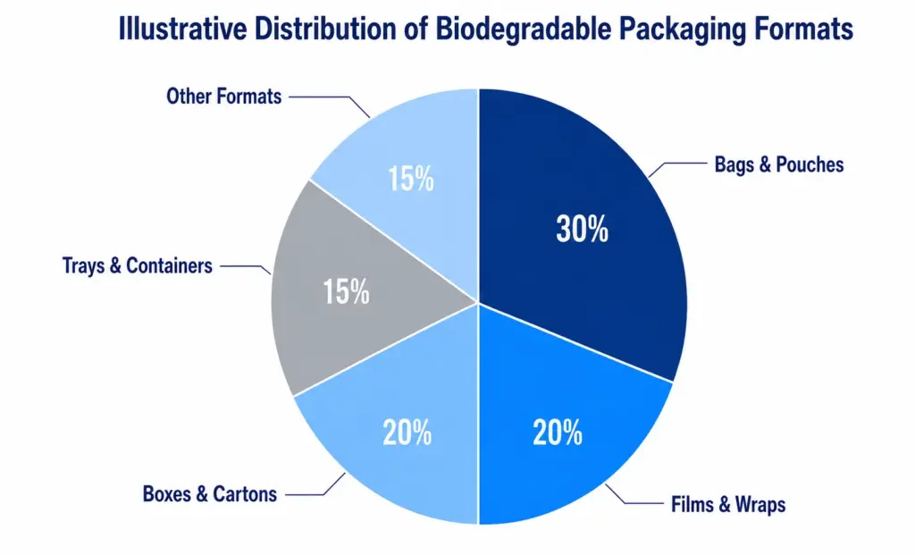 Illustrative distribution of biodegradable packaging formats, including bags and pouches, films and wraps, boxes and cartons, trays and containers, and other formats.