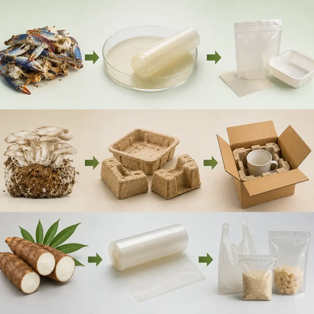 Natural waste transformed into biodegradable packaging materials, including films, trays, and protective packaging